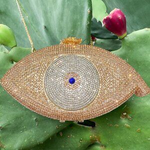 Rose Gold, Silver and Blue Crystal Rhinestones Evil Eye Luxury Evening Clutch